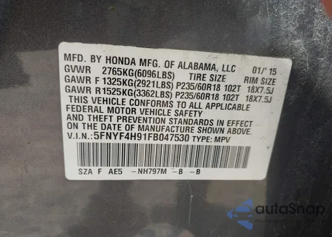 2015 Honda Pilot Touring из США, поврежденный, VIN 5FNYF4H91FB047530